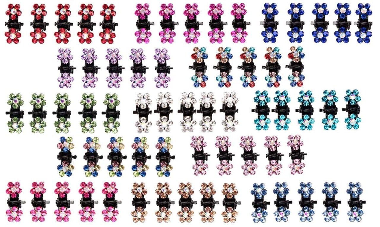 Mini Claw Clips - 65pcs No-Slip Grip Jaw Clips with Glitter Teeth, Rhinestone Metal Clamps in Mix Colored Flower Designs for Women & Girls